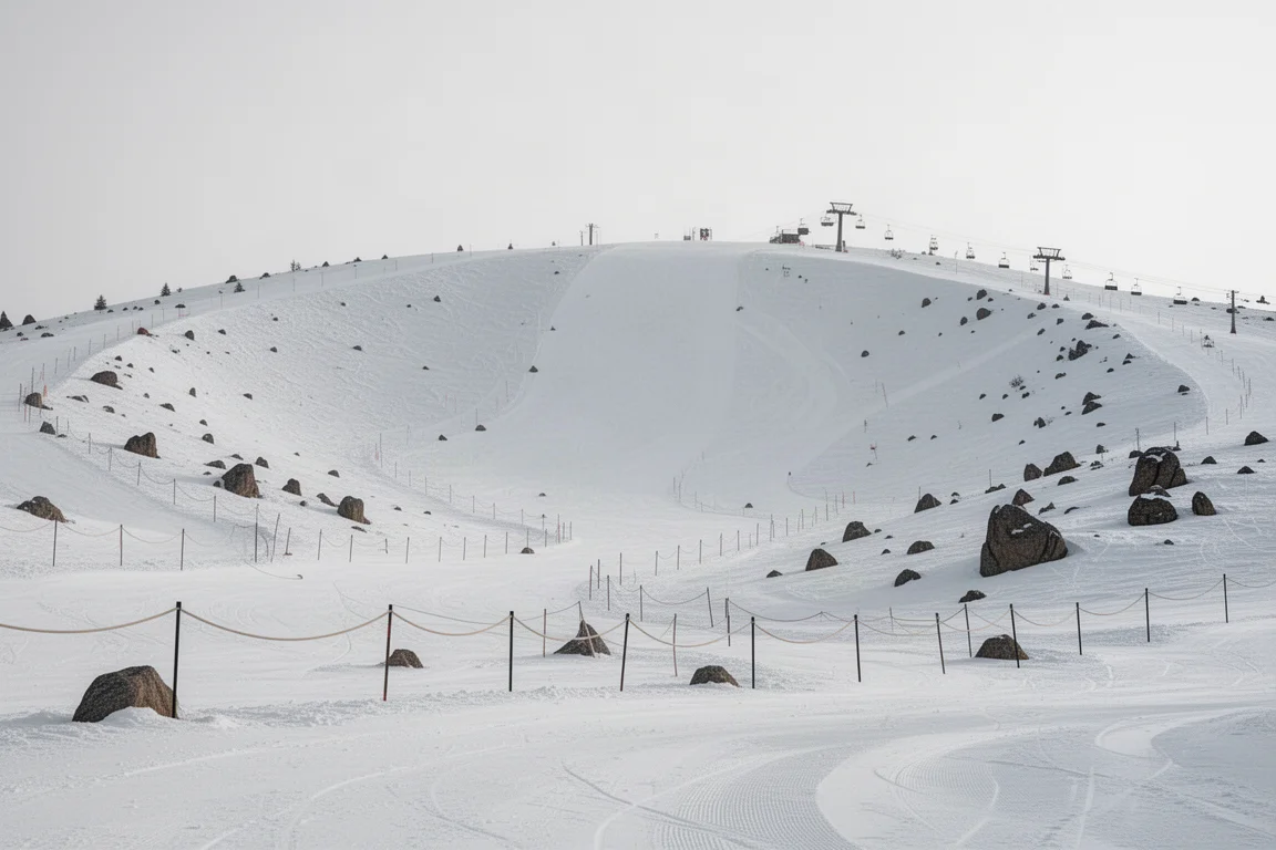 Treeless Dollar Mountain bowl with rope lines separating ski trails