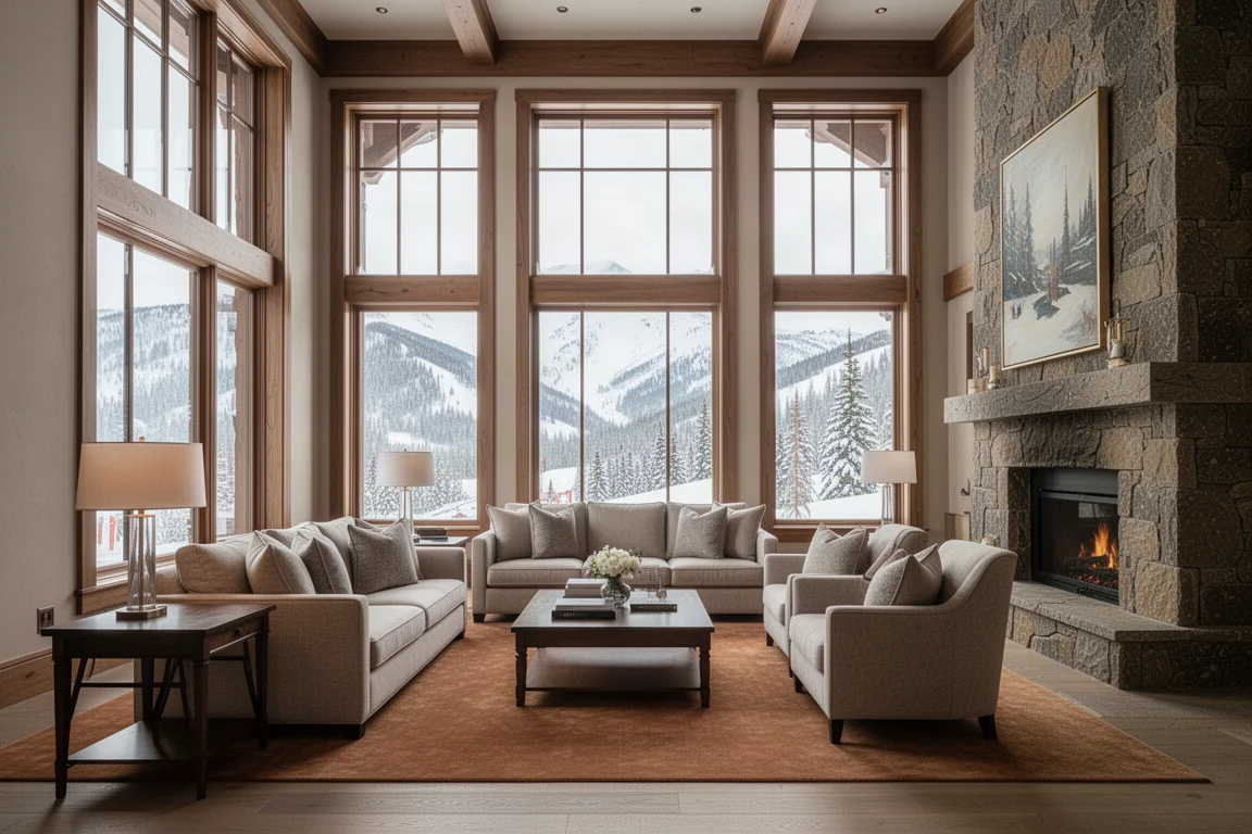Grand lodge interior with couch seating and mountain views