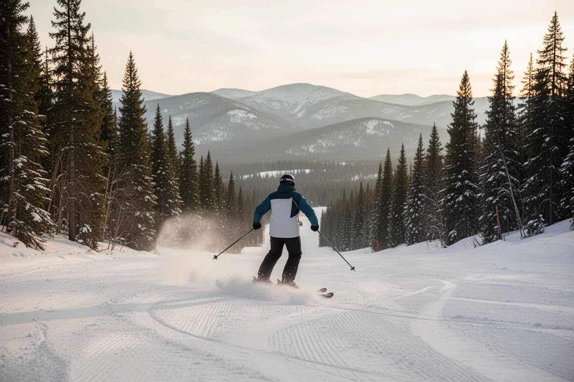 Skier cruising an intermediate groomed run below tree line