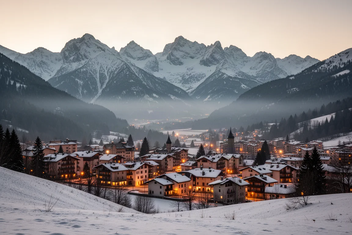 View of Ketchum town and surrounding snowcapped mountain ranges at dusk