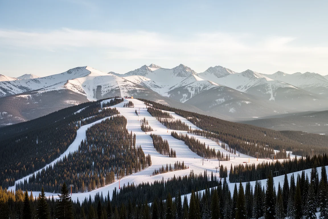 Panoramic view of a forested ski mountain with alpine bowls and distant snowcapped ranges