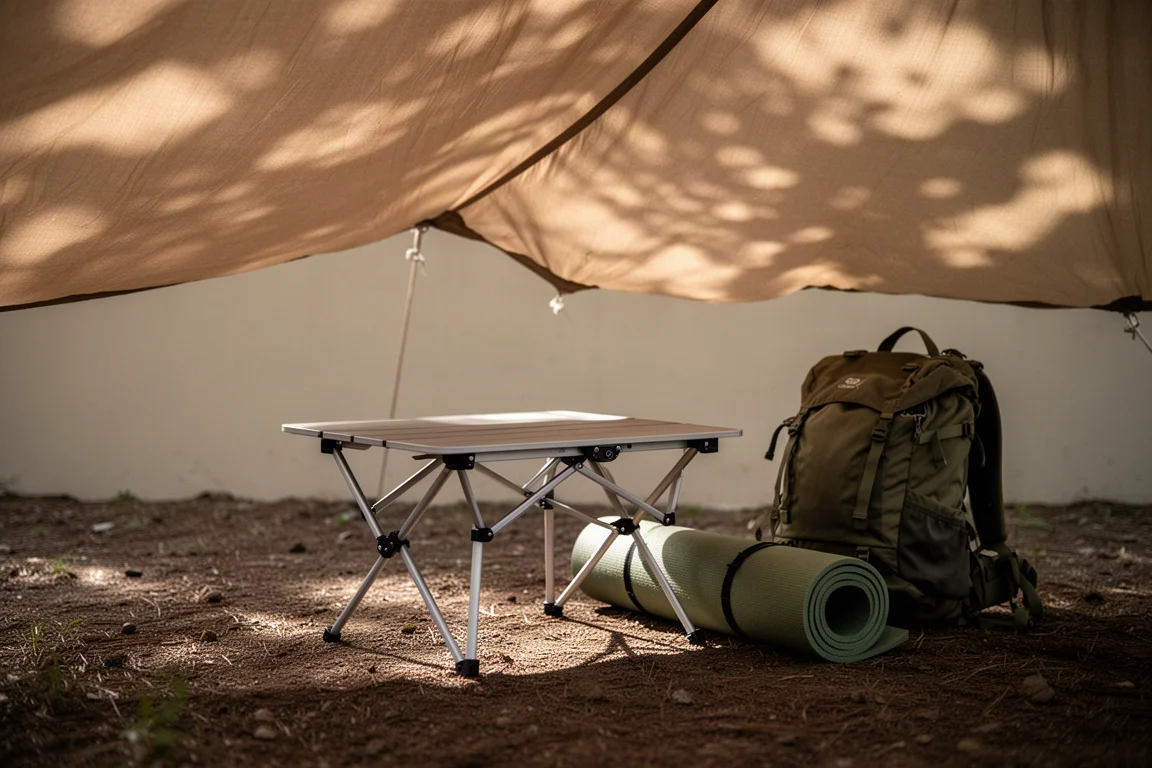 Niedriger faltbarer Campingtisch auf Gras aufgebaut, mit kleinem Kocher und Becher darauf