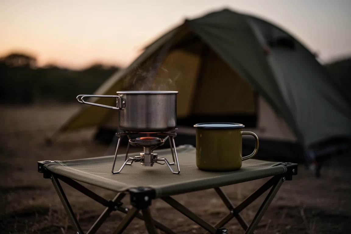 Seitenansicht eines faltbaren Campingtischs, bei der die Spannung ein Ende leicht anhebt