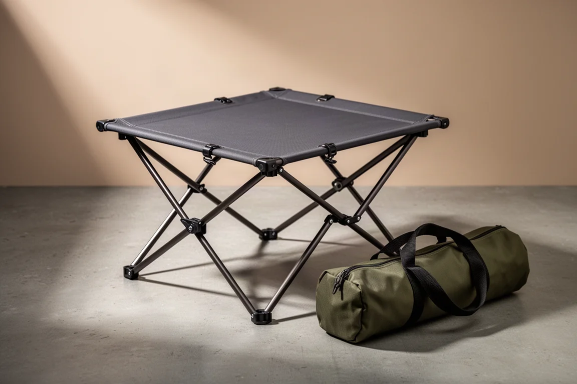 Folding camp table with aluminum frame and carry bag on a concrete surface