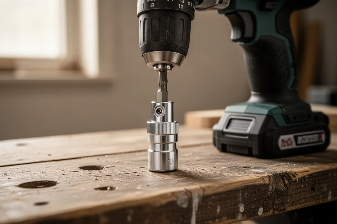 Adaptateur d'embout magnétique fixé au mandrin d'une perceuse sur un établi