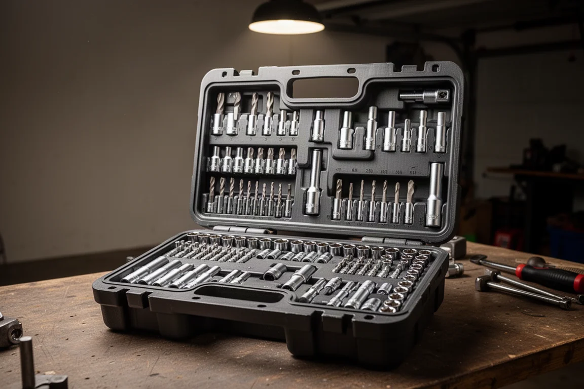 Coffret à outils thermoformé ouvert sur un établi de garage avec bacs à embouts organisés
