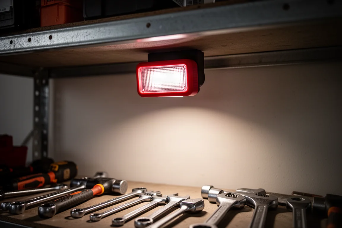Rote schwenkbare Arbeitsleuchte an einem Metallregal in einer dunklen Garage befestigt, wirft sanftes Licht