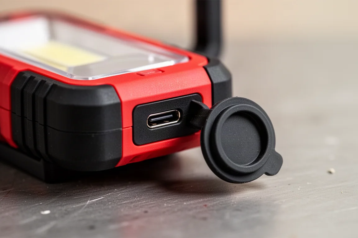USB-C-Ladeanschluss an der Kante einer kompakten Arbeitsleuchte sichtbar