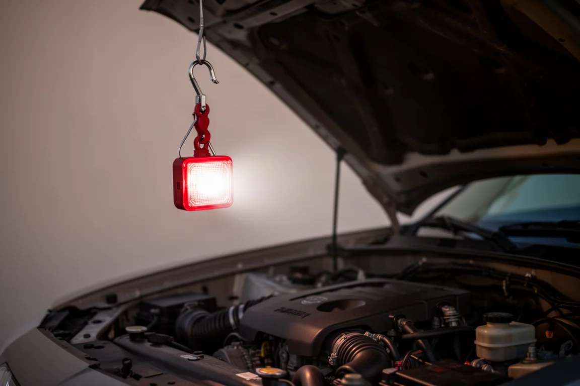 Arbeitsleuchte hängt an einem Haken im offenen Motorraum und beleuchtet den Arbeitsbereich