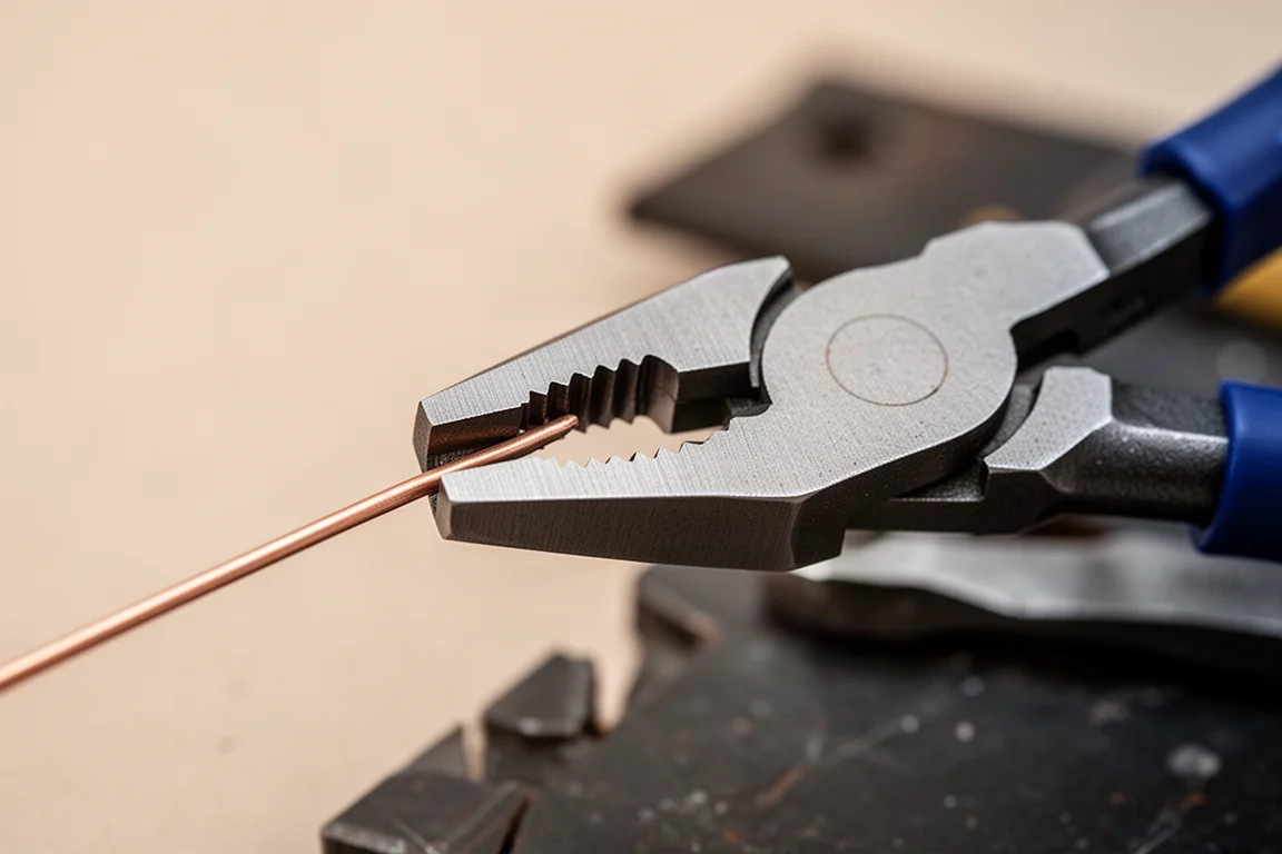 Close-up of plier jaws closing tightly on a thin wire on a workbench