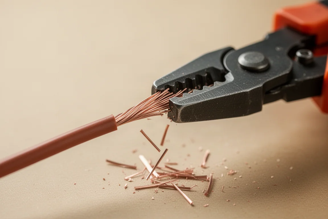 Wire being stripped cleanly with insulation pulled away revealing bright copper strands
