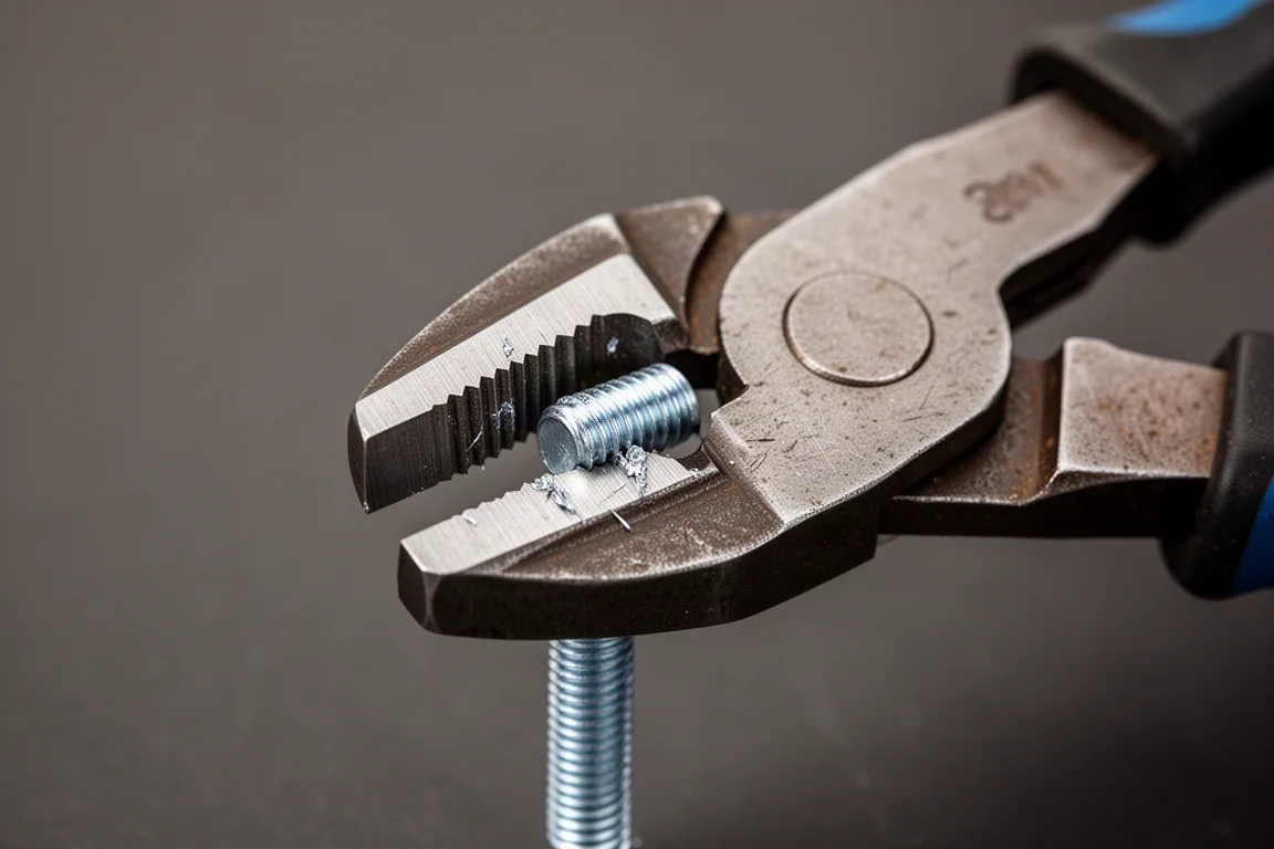 Bolt cutter section of a plier slicing through a threaded bolt