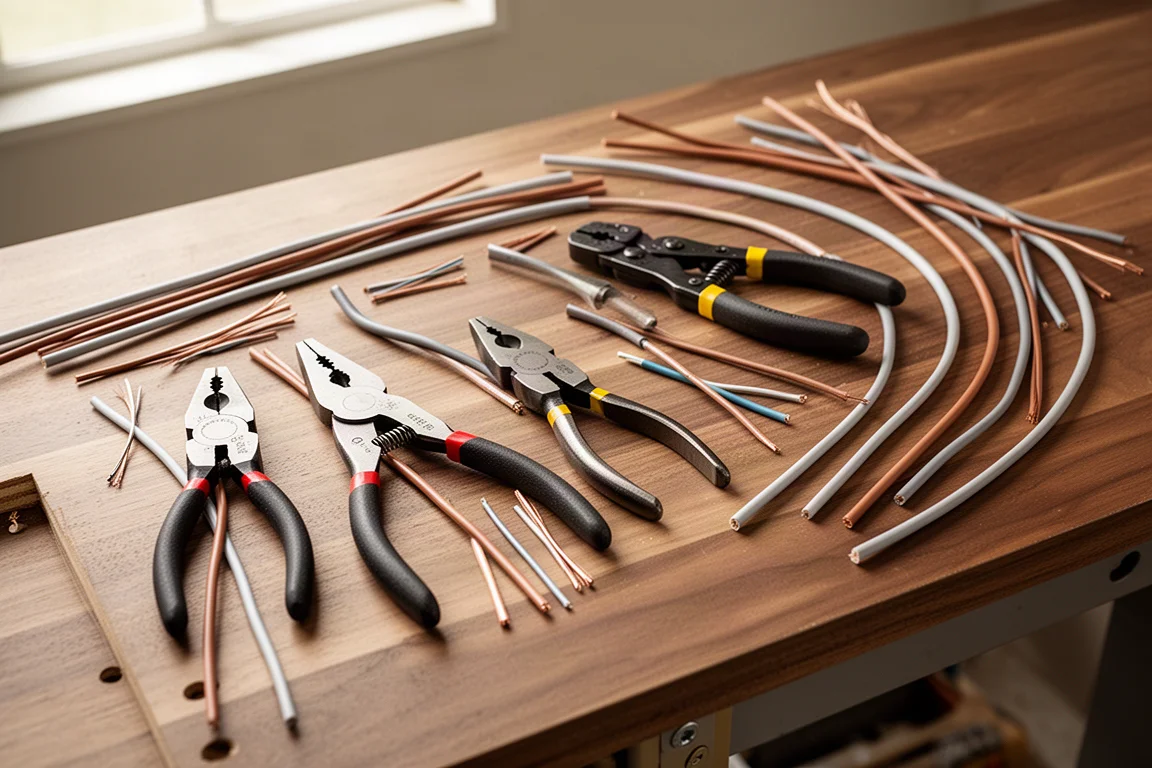 Electrician's open tool pouch with hand tools arranged on a wooden workbench