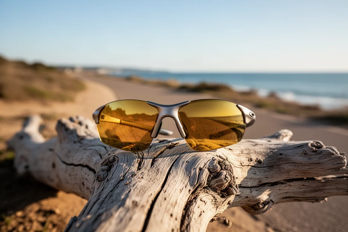 Rahmenlose Sportsonnenbrille mit goldenen Gläsern auf einem Schildpfosten an einem Küstenweg