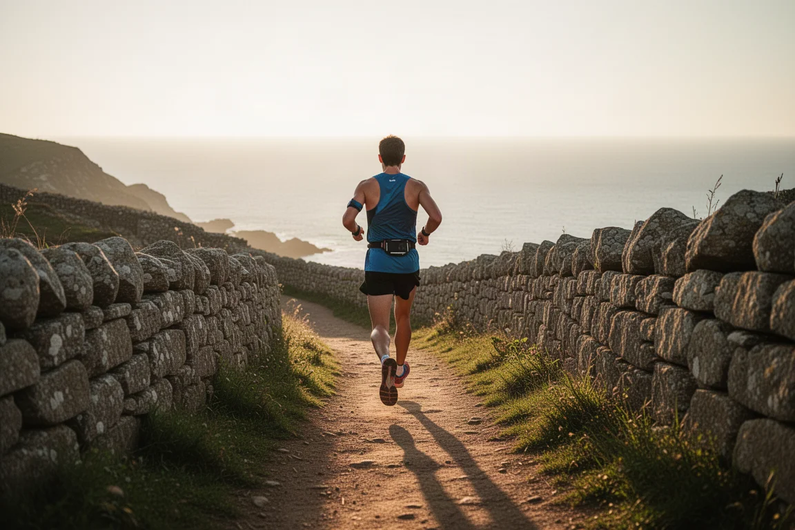 Trailrunner auf einem sonnenbeschienenen Küstenweg mit umschließender Sonnenbrille
