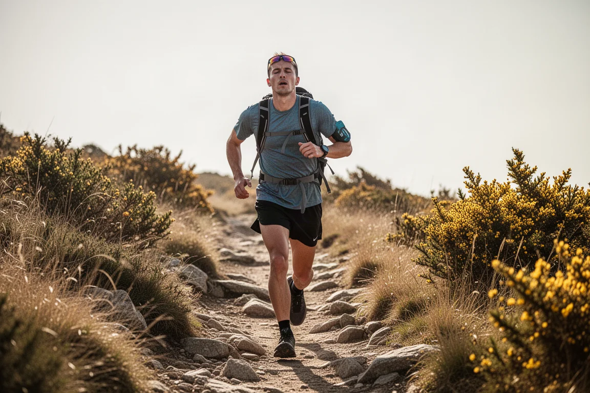 Trailrunner hält auf einem steinigen Mountainbike-Trail bei hellem Sonnenschein