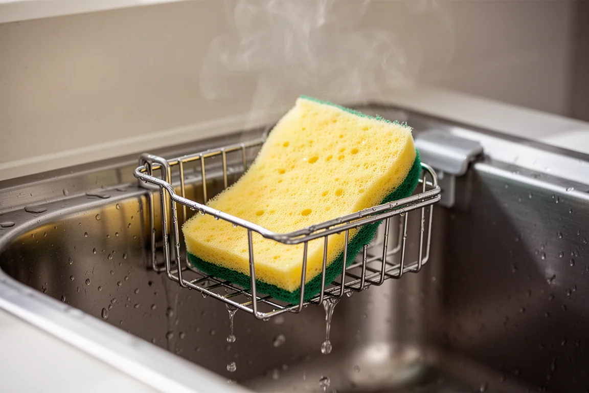 Una esponja de cocina húmeda secándose en un soporte de alambre abierto dentro de un fregadero de acero inoxidable