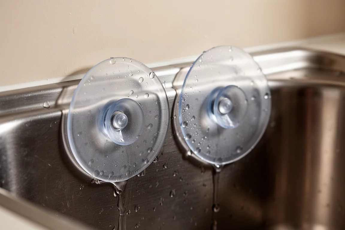 Primer plano de dos grandes ventosas transparentes presionadas contra el lado mojado de un fregadero de cocina