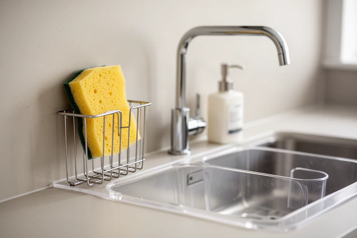 Escena de un fregadero de cocina ordenado con una esponja elevada del fondo en un soporte montado en la pared