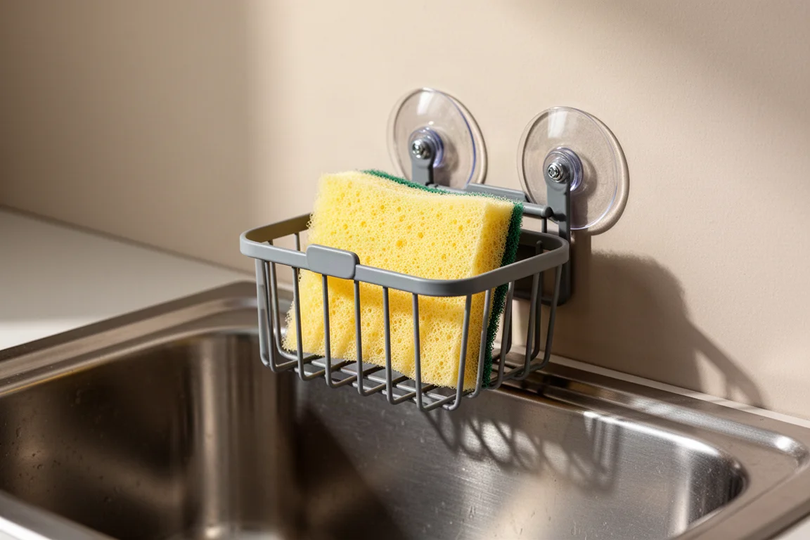Suction sponge holder mounted on a stainless steel sink wall holding a yellow sponge