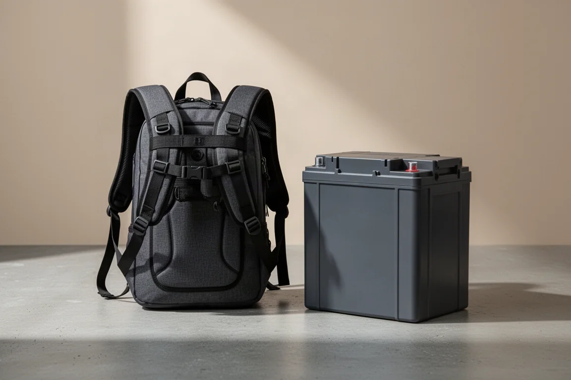 Rucksack-Gurtzeug für ein 60V-Gartenpflege-System auf Beton abgelegt