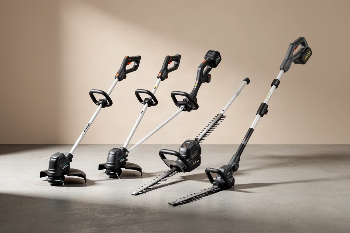 Four Sunseeker 60V battery-powered yard care tools arranged on a concrete surface