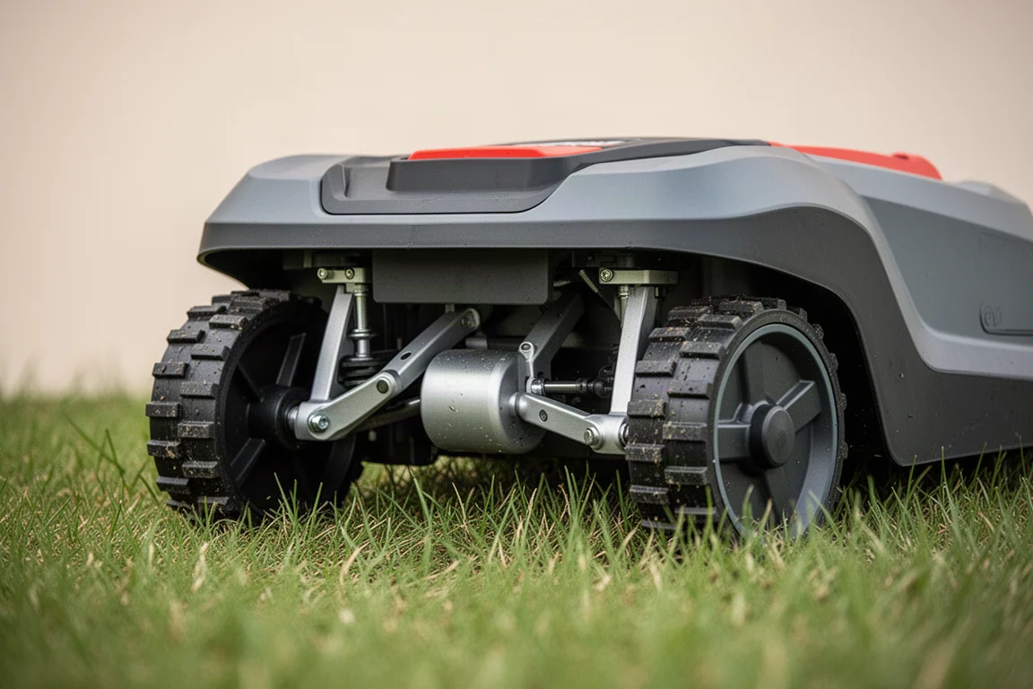 Nahaufnahme der Hinterradfederung und Traktionsräuber eines Rasenroboters auf unebenem Rasen