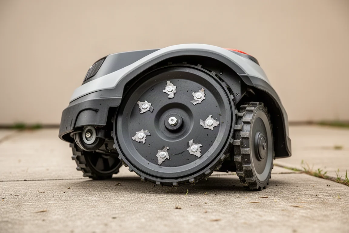 Unterseite eines Rasenroboters mit sechs kleinen Rasierklingen und Rollrädern