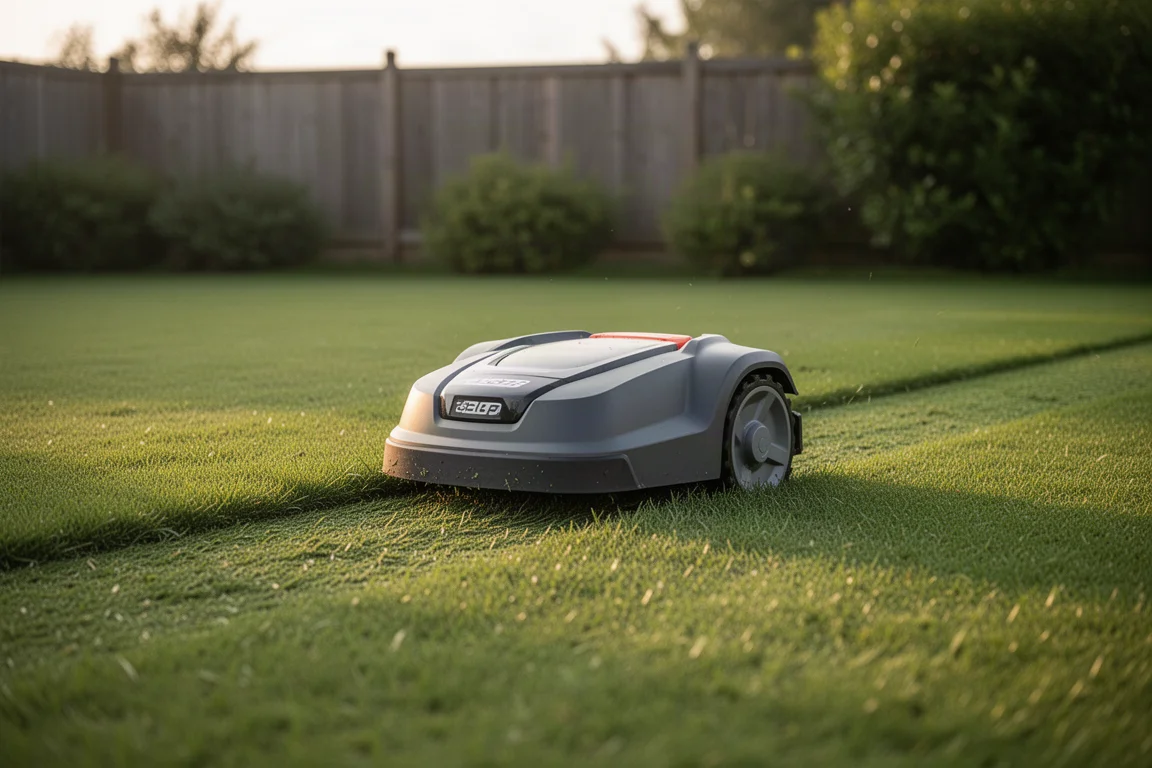 Mähroboter schneidet ein ordentliches Streifenmuster in einen grünen Rasen
