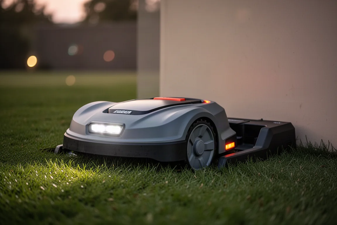 Mähroboter an seiner Ladestation auf einem Rasen angedockt