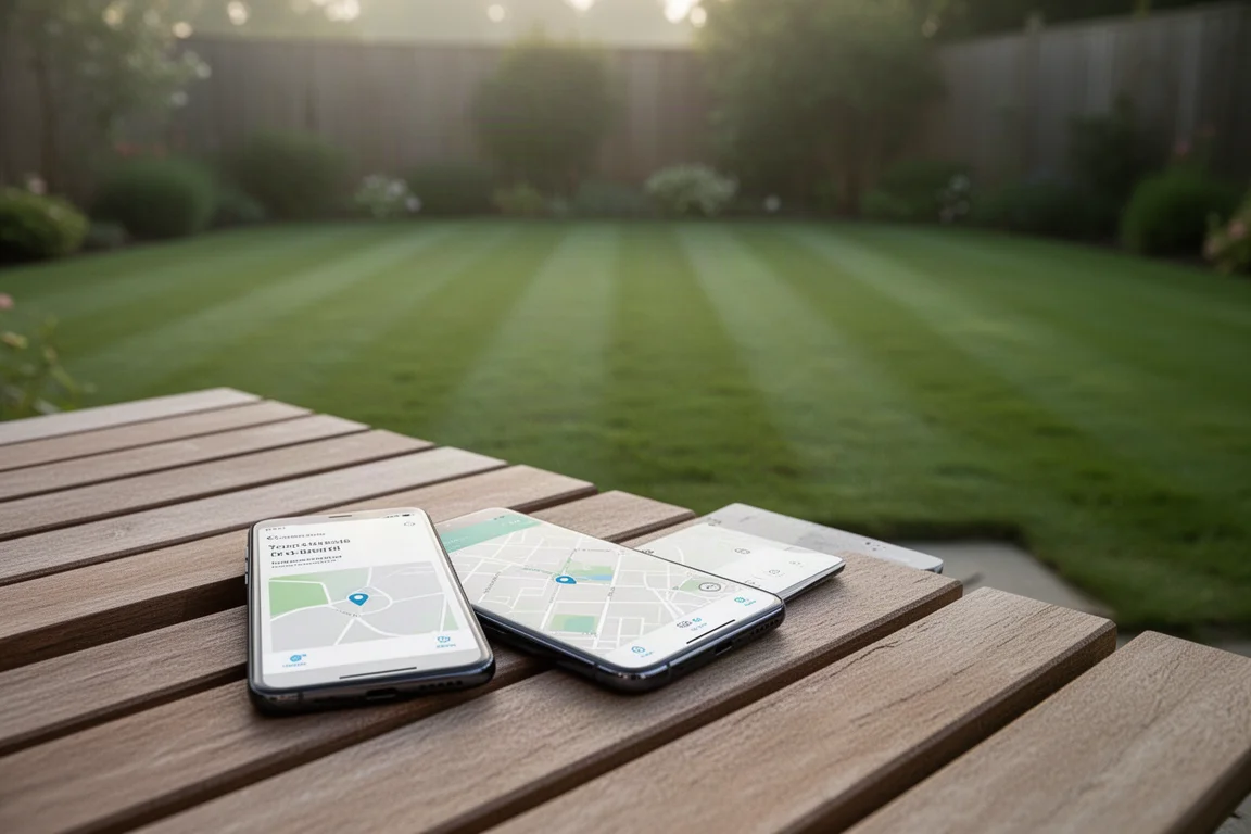 Smartphone-App steuert einen Mähroboter neben einem Gartenstuhl