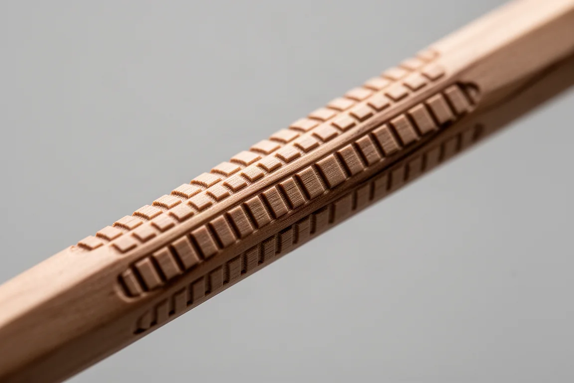 Close-up van getextureerde rechthoekige gripzones op de barrel van een mechanisch potlood