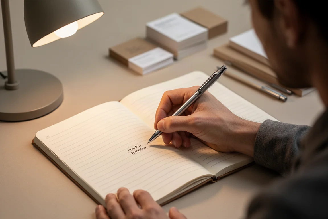 Hand die notities schrijft in een notitieboek met een mechanisch potlood in warm bureaulicht