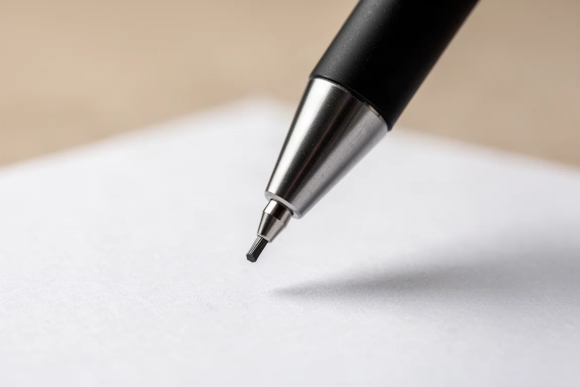 Punt van een mechanisch potlood met verse grafietstift op papier