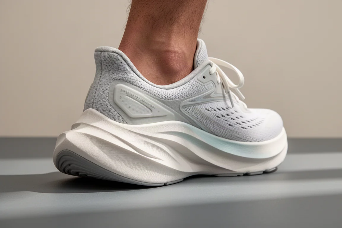 Primer plano de una plataforma de zapatilla ancha y estable con laterales visibles sobre superficie gris