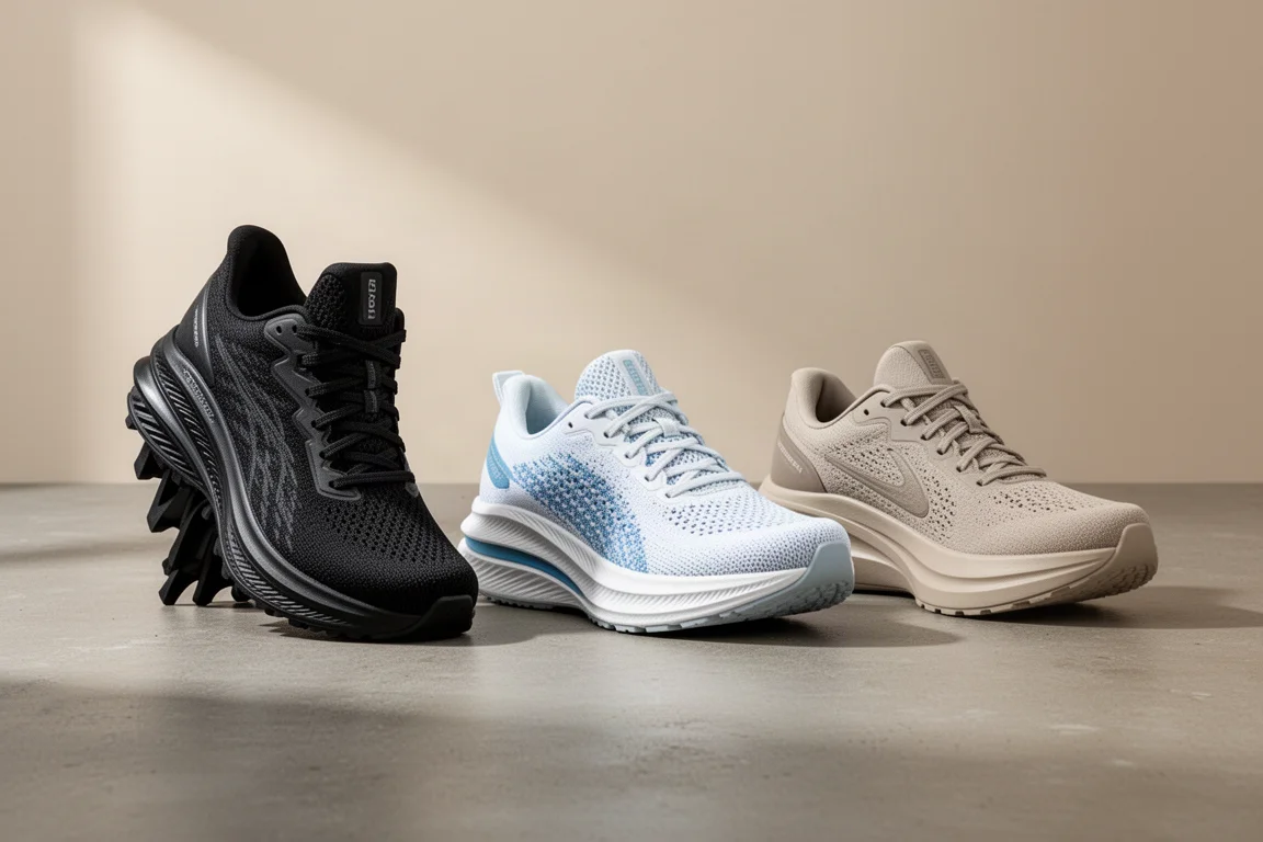 Three high-stack running shoes arranged side by side on a concrete surface