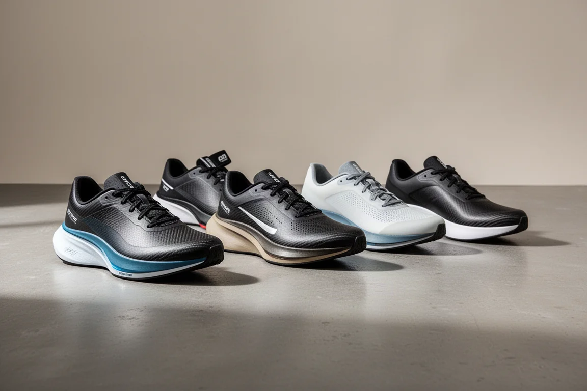 Row of modern carbon-plated racing shoes on a grey concrete studio floor