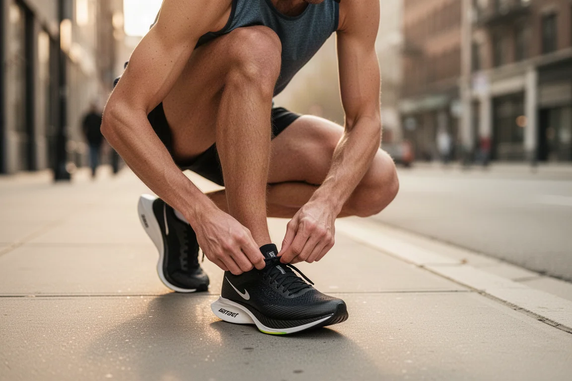 Un corridore allaccia una scarpa da gara con piastra in carbonio su un marciapiede cittadino prima di un allenamento