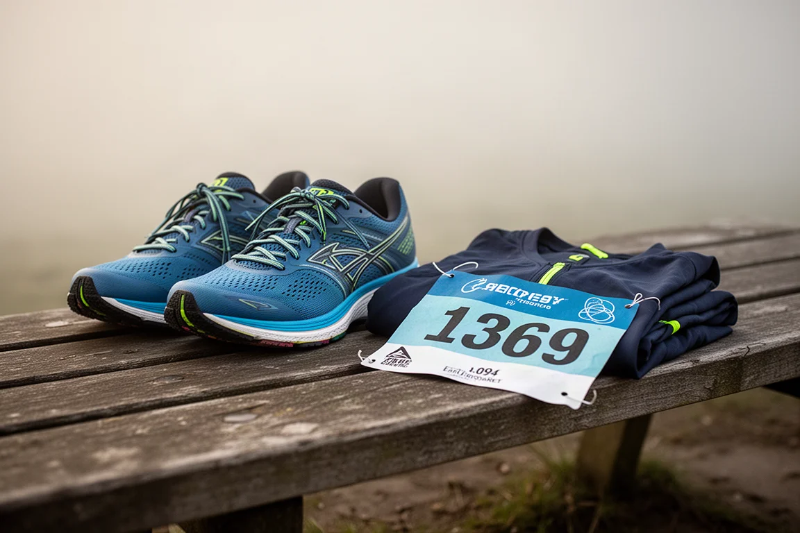 Scarpe da gara allineate accanto a un kit da gara su una panca di legno