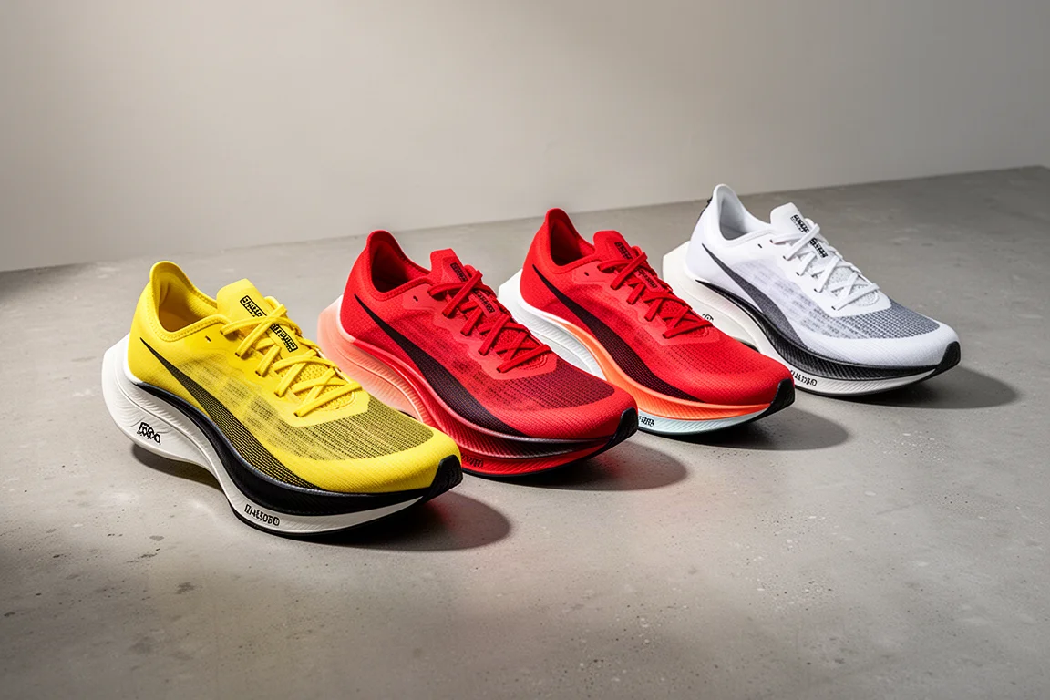 Fila di moderne scarpe da gara con piastra in carbonio su una superficie in cemento
