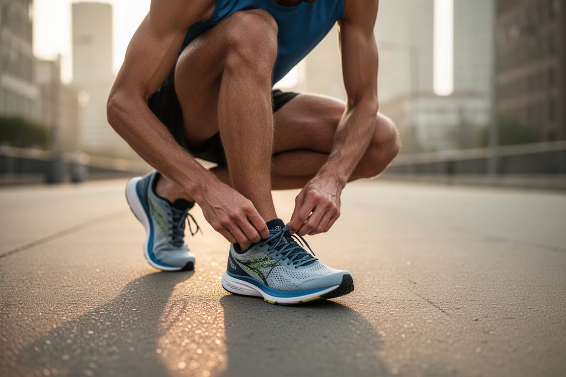 Un corridore allaccia una scarpa da gara sul marciapiede di una città all'alba