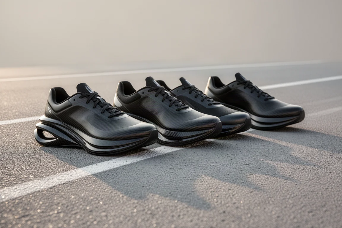 Cuatro zapatillas de competición con placa de carbono alineadas lado a lado sobre una pista