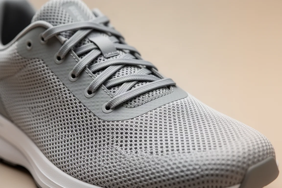 Primer plano del upper de malla técnica de una zapatilla de competición junto a la zona de cordones