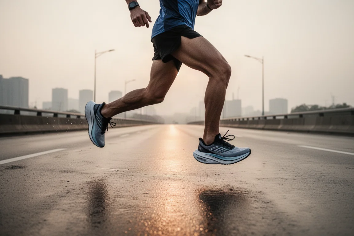 Corredor apoyando el pie al ritmo de maratón con zapatillas de competición de placa de carbono