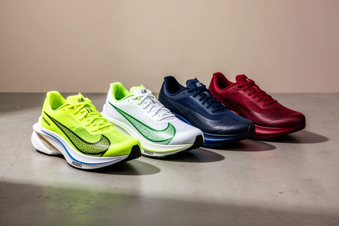 Four carbon-plated racing shoes lined up on a concrete surface
