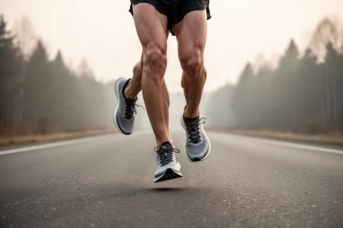 Runner mid-stride during a tempo workout on an empty road
