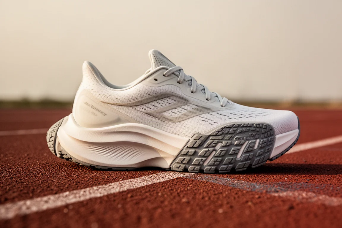 Close-up of a lightweight running shoe midsole on a track surface