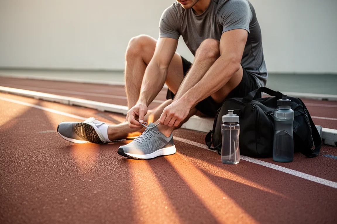 Athlete stretching on the side of a running track before a workout