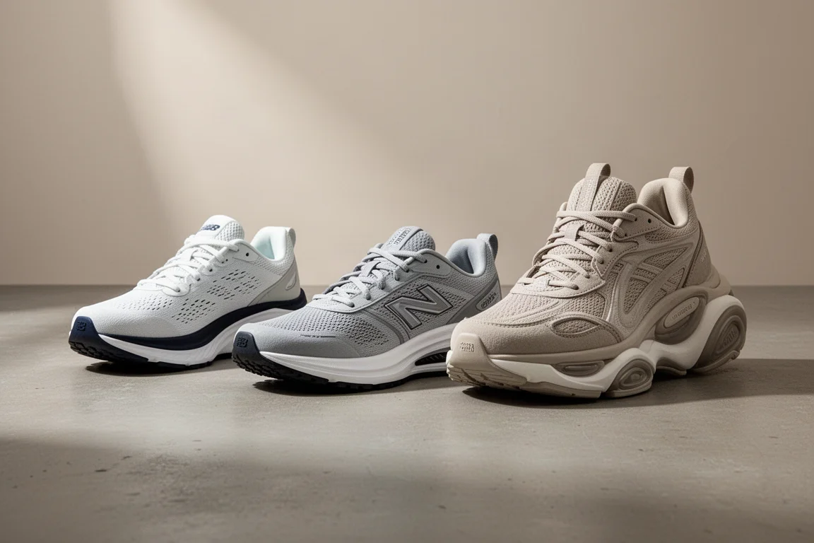 Three running shoes side by side on a matte concrete surface