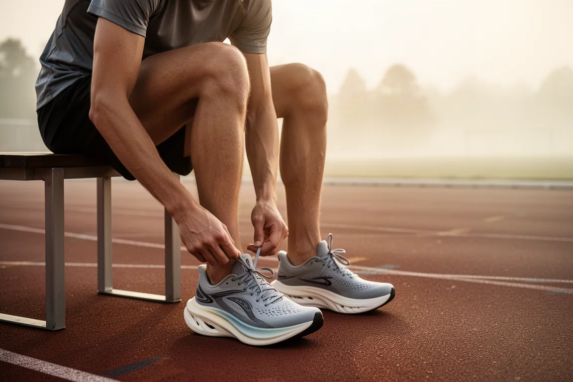 Un coureur lace une paire de chaussures de running à stack élevé à côté d'une piste